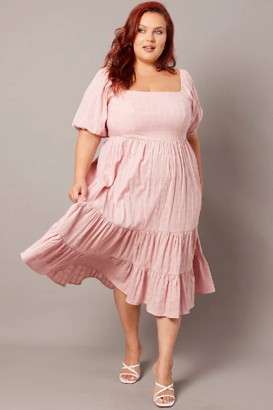 Wrap - style midi dresses in silk for a sophisticated office lookPink Textured Check Midi Dress Wrap - style midi dresses in silk for a sophisticated office lookPink Textured Check Midi Dress