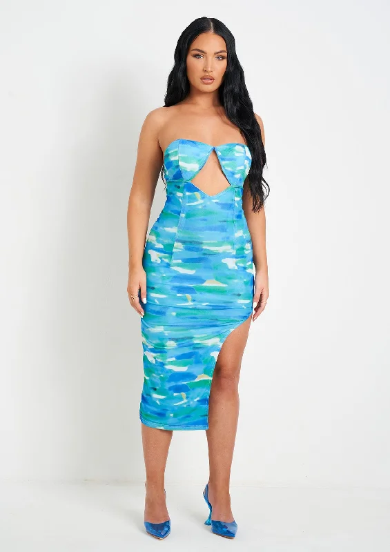 Shelby Blue Printed Cut Out Slit Mesh Midi Dress