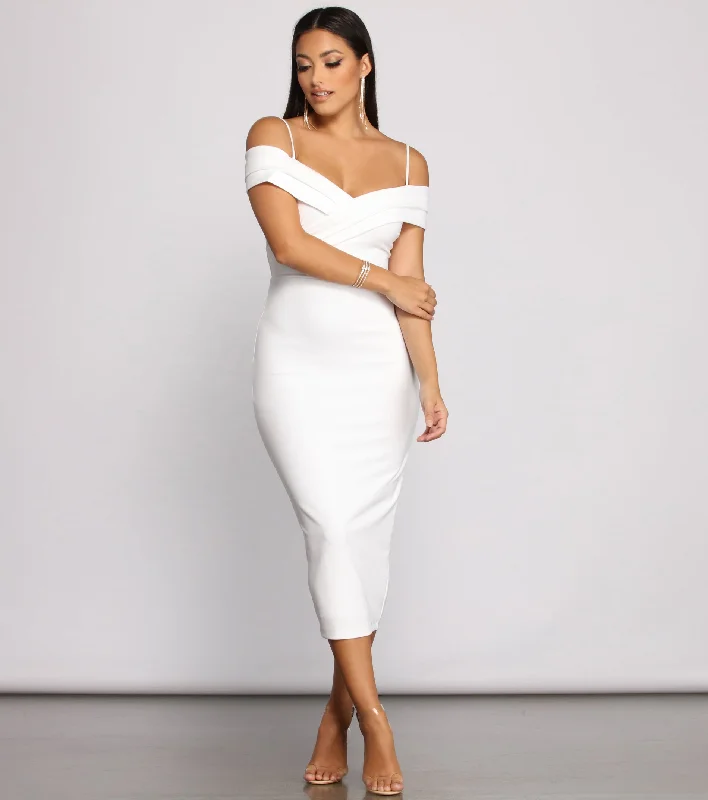 Midi dresses with ruffled sleeves for a more feminine and voluminous lookValeria Formal Off-The-Shoulder Crepe Midi Dress Midi dresses with ruffled sleeves for a more feminine and voluminous lookValeria Formal Off-The-Shoulder Crepe Midi Dress