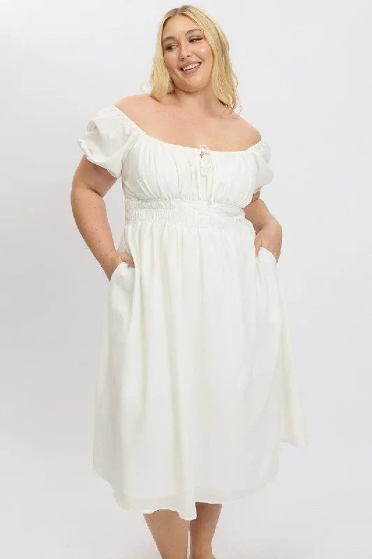 White Midi Dress Short Sleeve Ruched Bust