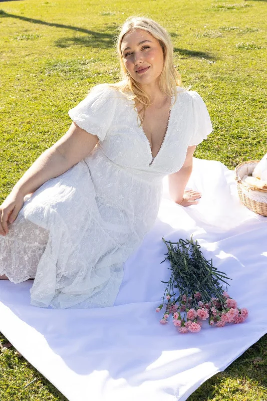 Midi dresses with ruffled bodices for a more pronounced feminine lookWhite Midi Dress Short Sleeve Tiered