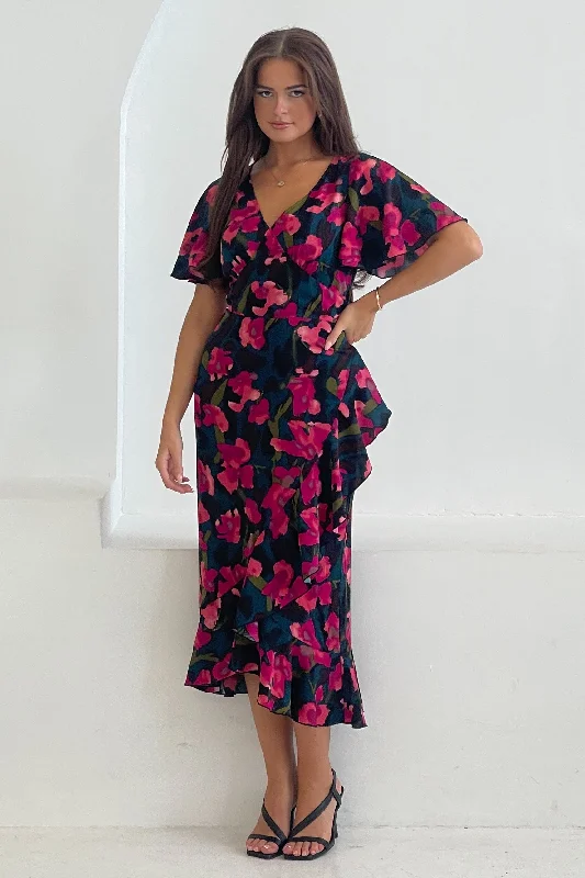 Yara Floral V Neck Frill Midi Dress