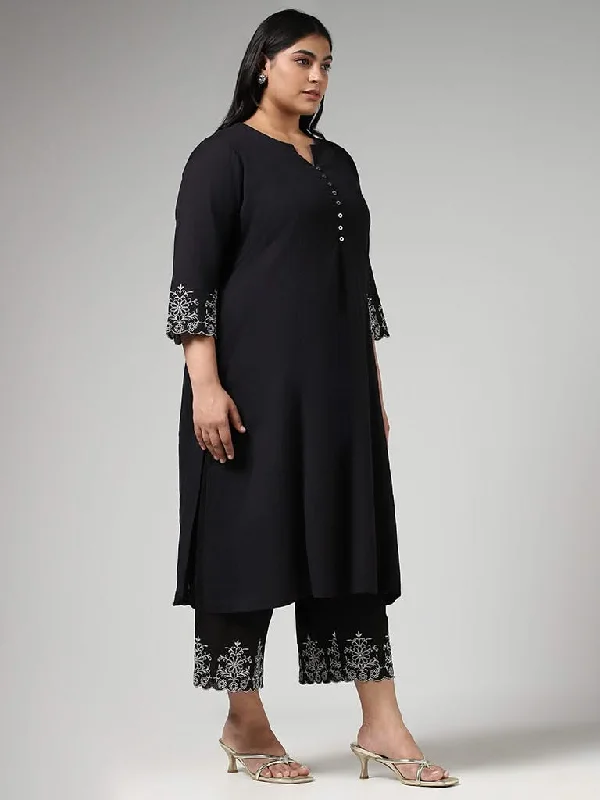 Women's long - length casual pants Straight - leg women jeans with a classic and timeless appeal Diza Black Floral Embroidered Kurta