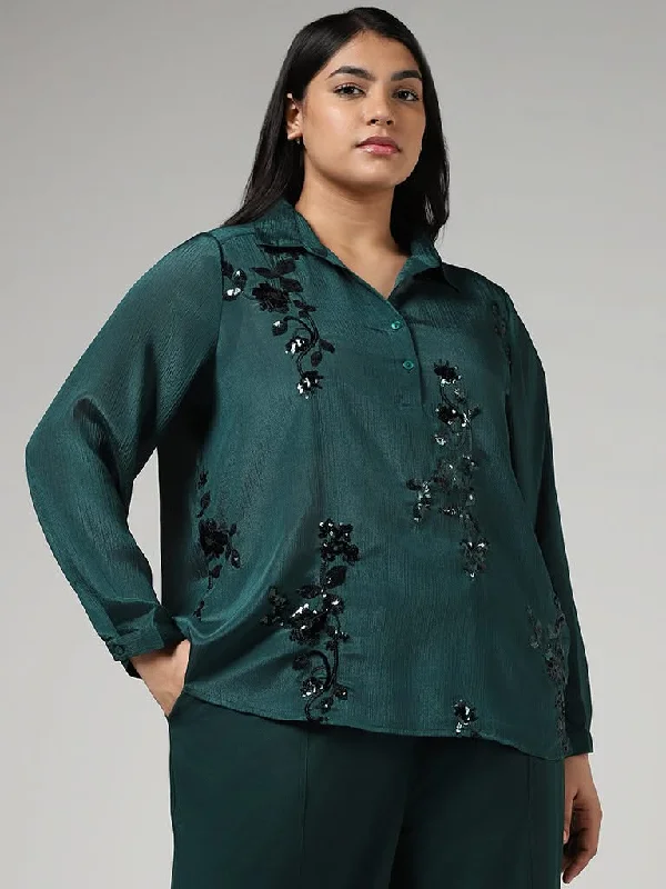 Women's hand - made artisanal pants Acid - wash women jeans with a retro finish Gia Emerald Green Floral Sequin Embroidered Crepe Top Women's hand - made artisanal pants Acid - wash women jeans with a retro finish Gia Emerald Green Floral Sequin Embroidered Crepe Top