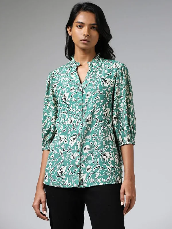Women's pants with quick - dry fabric Button - fly women jeans with a traditional touch LOV Aqua Green Floral Printed Shirt Women's pants with quick - dry fabric Button - fly women jeans with a traditional touch LOV Aqua Green Floral Printed Shirt
