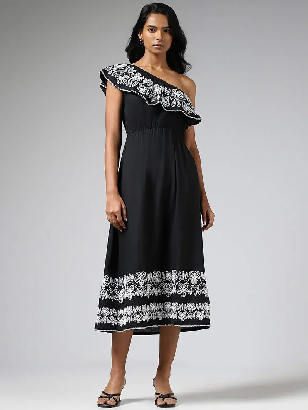 Women's sustainable fashion pants Jeggings women jeans combining the comfort of leggings and style of jeans LOV Black Floral Embroidered One Shoulder Blended Linen Dress Women's sustainable fashion pants Jeggings women jeans combining the comfort of leggings and style of jeans LOV Black Floral Embroidered One Shoulder Blended Linen Dress