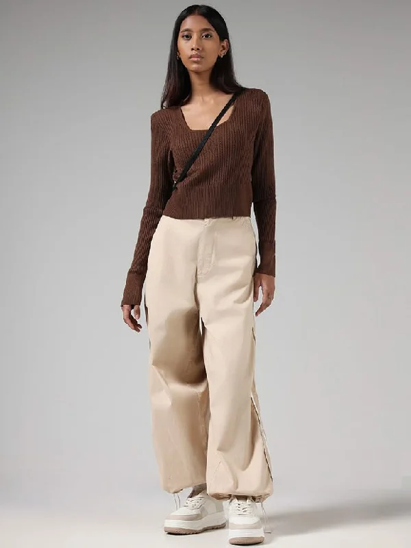 Women's summer - weight linen pants High - waisted women jeans for a flattering silhouette Nuon Brown Pointelle Knitted Sweater