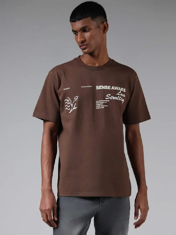 Women's pants for gym workouts Light - wash women jeans for a fresh and summery appearance Nuon Brown Typographic Printed Cotton Relaxed-Fit T-Shirt Women's pants for gym workouts Light - wash women jeans for a fresh and summery appearance Nuon Brown Typographic Printed Cotton Relaxed-Fit T-Shirt