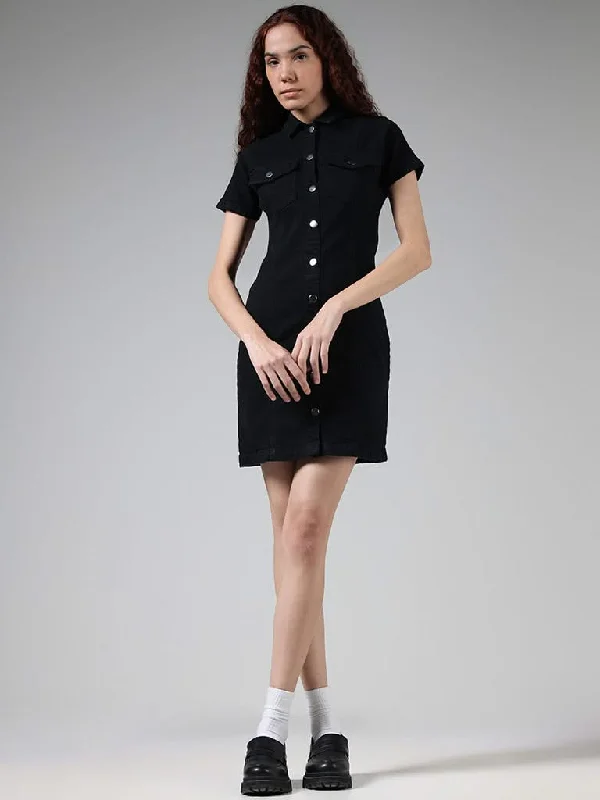 Women's flared office pants Ripped women jeans for a rebellious and fashion - forward style Nuon Solid Black Button Down Denim Dress Women's flared office pants Ripped women jeans for a rebellious and fashion - forward style Nuon Solid Black Button Down Denim Dress