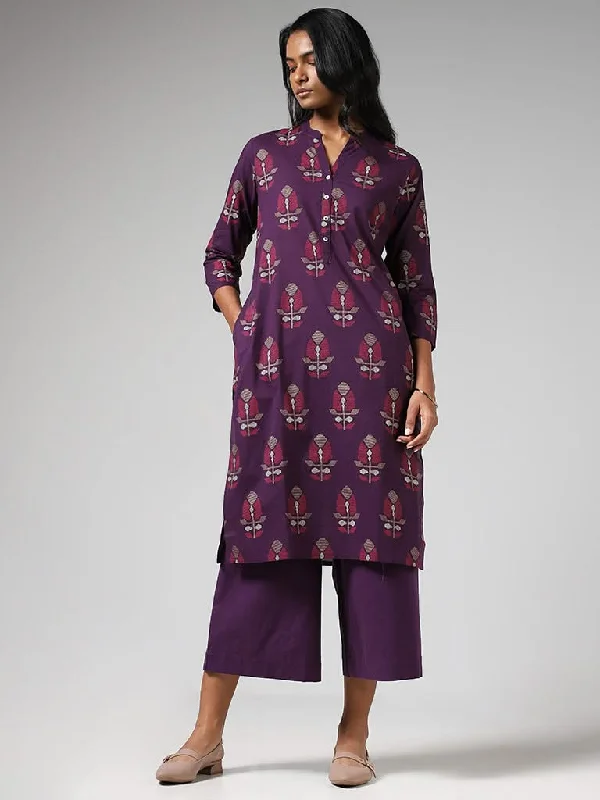 Women's button - fly jeans pants Wide - leg women jeans for a modern and relaxed vibe Utsa Dark Purple Jamdani Buta Printed Straight Kurta Women's button - fly jeans pants Wide - leg women jeans for a modern and relaxed vibe Utsa Dark Purple Jamdani Buta Printed Straight Kurta