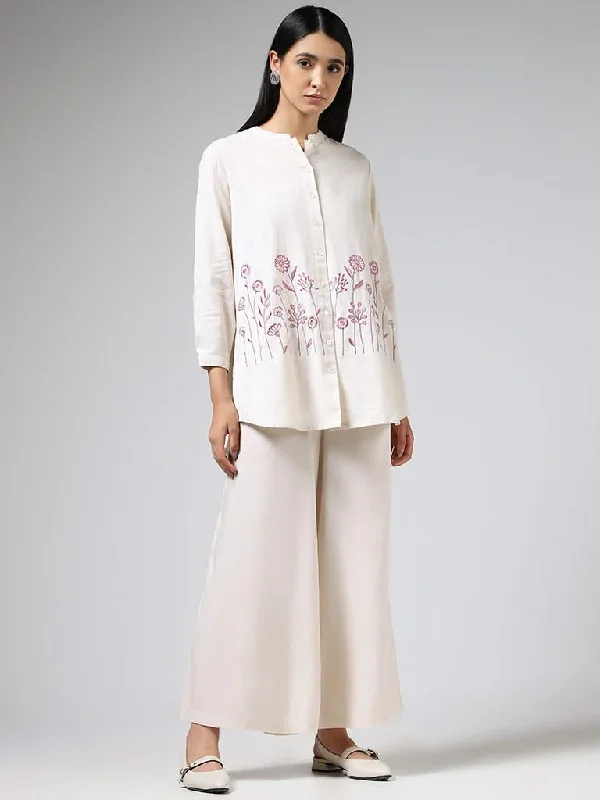 Women's designer brand pants High - rise flare women jeans for a 70s - inspired look Utsa Off White Floral Embroidered Cotton Shirt Women's designer brand pants High - rise flare women jeans for a 70s - inspired look Utsa Off White Floral Embroidered Cotton Shirt