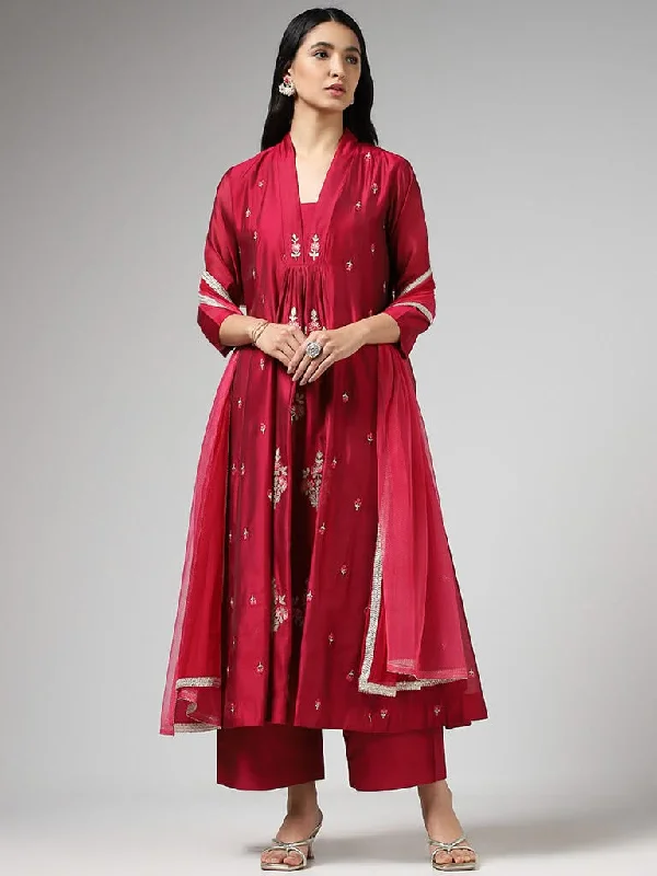 Women's pants with mesh panels Jeggings women jeans combining the comfort of leggings and style of jeans Vark Floral Embroidered Wine Gathered Kurta with Palazzos & Dupatta
