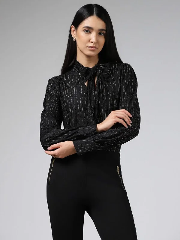 Women's pants for snowboarding Button - fly women jeans with a traditional touch Wardrobe Black Shimmer Top With Neck Tie-Up Women's pants for snowboarding Button - fly women jeans with a traditional touch Wardrobe Black Shimmer Top With Neck Tie-Up