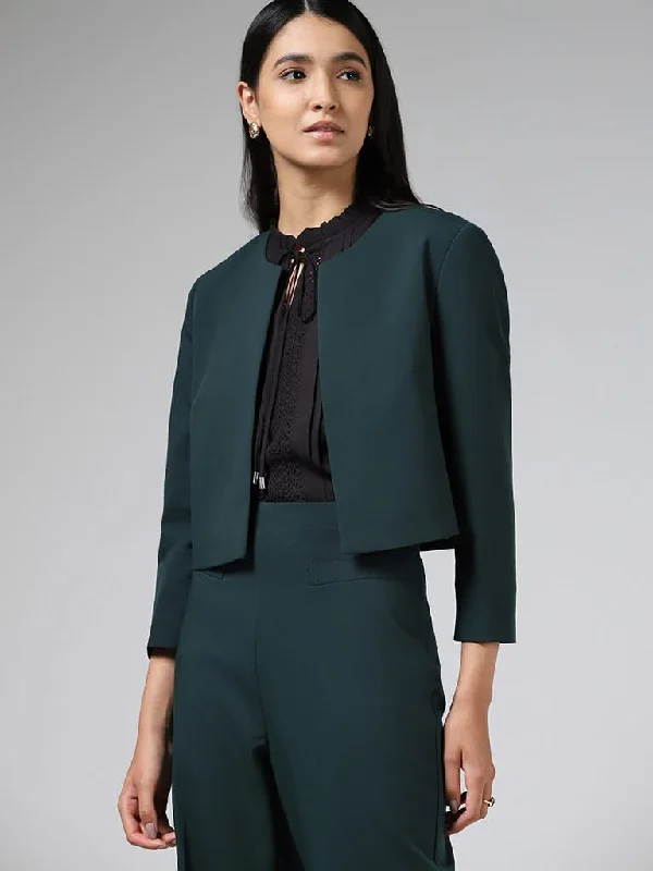 Women's pocket - equipped casual pants Button - fly women jeans with a traditional touch Wardrobe Solid Emerald Green Crop Jacket Women's pocket - equipped casual pants Button - fly women jeans with a traditional touch Wardrobe Solid Emerald Green Crop Jacket