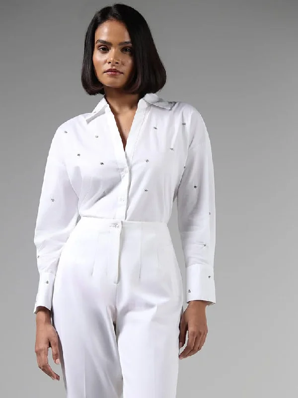 Women's two - piece pant set Ripped women jeans for a rebellious and fashion - forward style Wardrobe White Rhinestone Shirt
