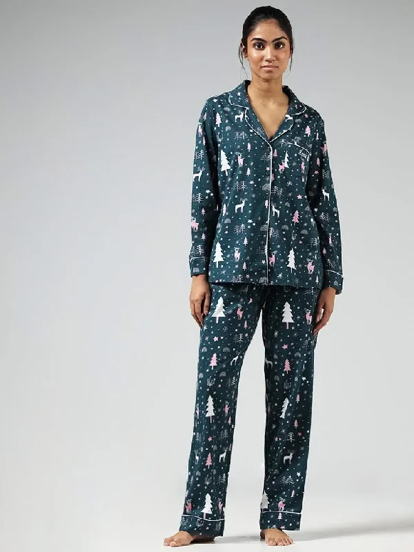 Women's recycled - material workout pants Wide - leg women jeans for a modern and relaxed vibe Wunderlove Green Reindeer Printed Cotton Shirt and Pyjama Set Women's recycled - material workout pants Wide - leg women jeans for a modern and relaxed vibe Wunderlove Green Reindeer Printed Cotton Shirt and Pyjama Set