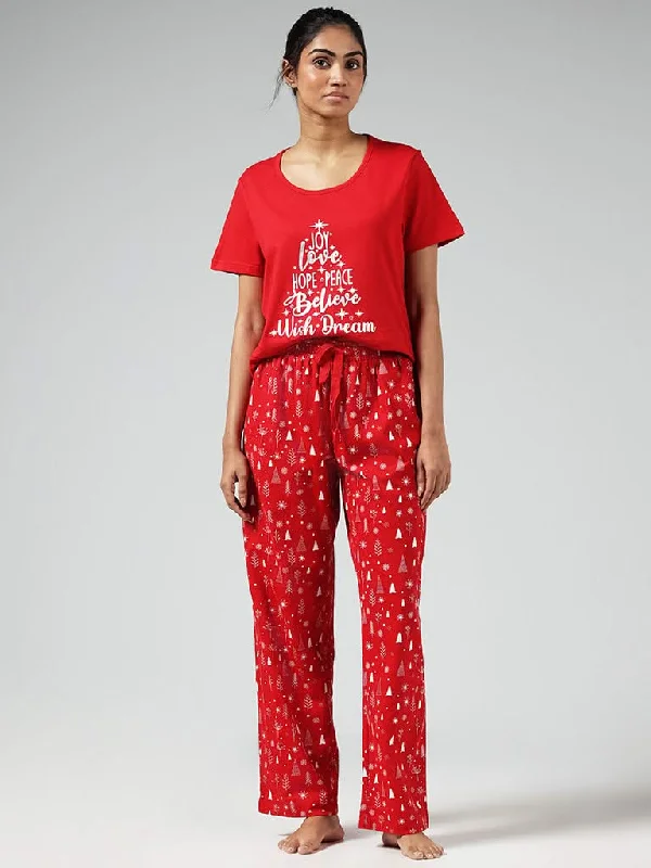 Women's sequined party pants Mom jeans for a nostalgic and casual look Wunderlove Red Printed Cotton Pyjamas