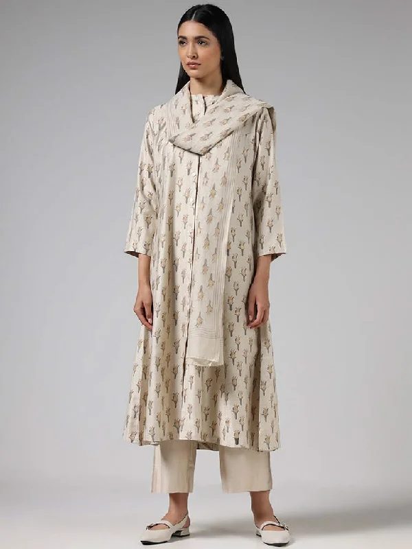 Women's summer - weight linen pants High - waisted women jeans for a flattering silhouette Zuba Cream Tulip Printed Cotton Blend Buttoned Down Kurta Women's summer - weight linen pants High - waisted women jeans for a flattering silhouette Zuba Cream Tulip Printed Cotton Blend Buttoned Down Kurta