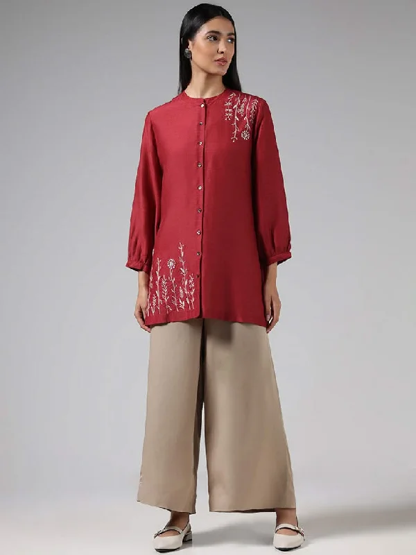 Women's pants for gym workouts Light - wash women jeans for a fresh and summery appearance Zuba Maroon Floral Embroidered Buttoned Down Blended Linen Kurti Women's pants for gym workouts Light - wash women jeans for a fresh and summery appearance Zuba Maroon Floral Embroidered Buttoned Down Blended Linen Kurti