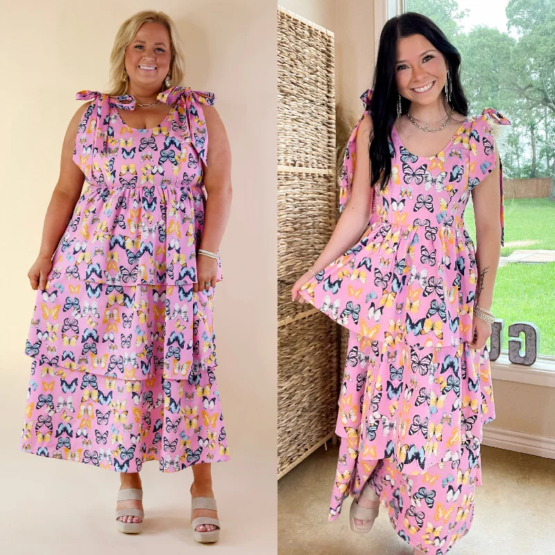 Maxi dresses with a V - neckline for a flattering and elongating shapeBuddyLove | Drew Tiered Midi Dress in Feelin' Butterflies Pink Maxi dresses with a V - neckline for a flattering and elongating shapeBuddyLove | Drew Tiered Midi Dress in Feelin' Butterflies Pink