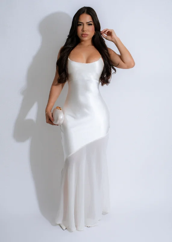 Maxi dresses with bow accents at the waist for a sweet appearanceCelestial Veil Satin Maxi Dress White Maxi dresses with bow accents at the waist for a sweet appearanceCelestial Veil Satin Maxi Dress White