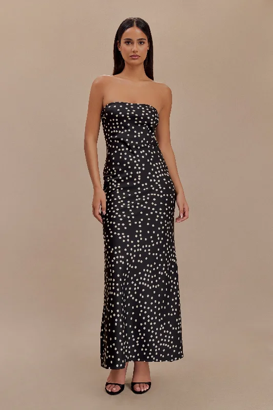 Maxi dresses with ribbed textures for a unique and tactile lookClaudette Strapless Satin Maxi Dress - Black Polka Dot Print Maxi dresses with ribbed textures for a unique and tactile lookClaudette Strapless Satin Maxi Dress - Black Polka Dot Print