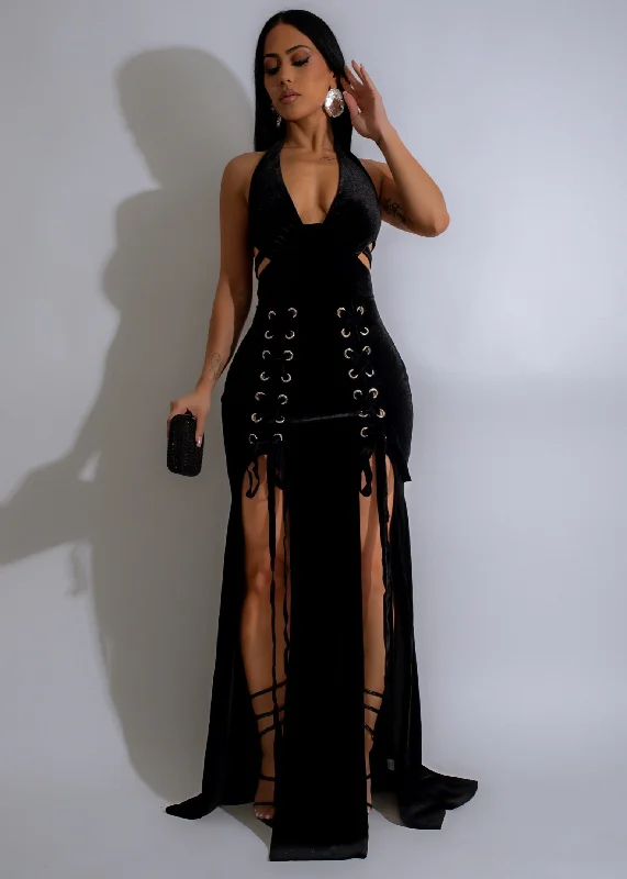 Maxi dresses with a criss - cross back for a flirty and unique detailCrimson Shadow Velvet Maxi Dress Black Maxi dresses with a criss - cross back for a flirty and unique detailCrimson Shadow Velvet Maxi Dress Black