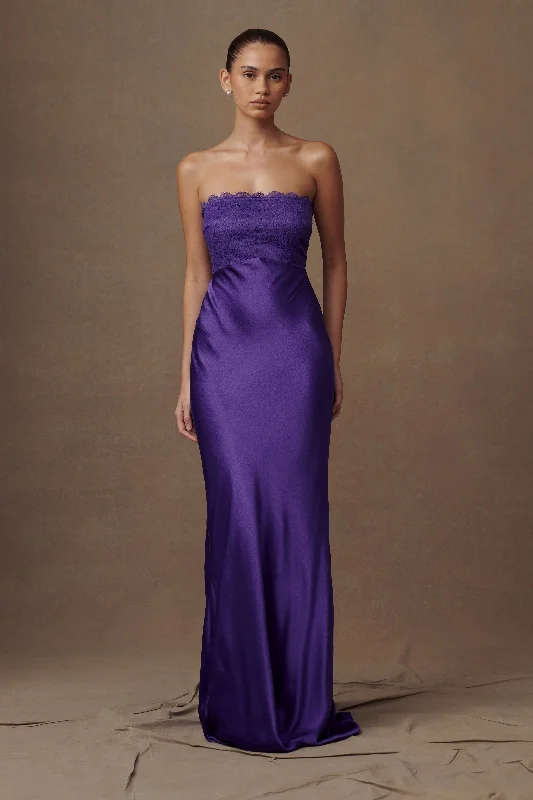 Strapless maxi dresses for a beachside vacationDarcie Strapless Satin Maxi Dress - Deep Purple Strapless maxi dresses for a beachside vacationDarcie Strapless Satin Maxi Dress - Deep Purple