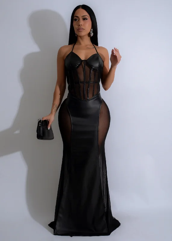Maxi dresses with a V - neckline for a flattering and elongating shapeEclipse Muse Mesh Faux Leather Maxi Dress Black Maxi dresses with a V - neckline for a flattering and elongating shapeEclipse Muse Mesh Faux Leather Maxi Dress Black
