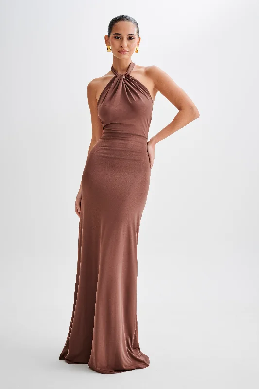 Maxi dresses with cut - out details on the sides for a modern edgeElyna Slinky Halter Maxi Dress - Chocolate Maxi dresses with cut - out details on the sides for a modern edgeElyna Slinky Halter Maxi Dress - Chocolate