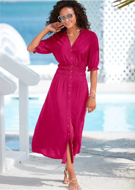 Maxi dresses with embroidered floral motifs for a unique designButton Front Maxi Dress - Pink Maxi dresses with embroidered floral motifs for a unique designButton Front Maxi Dress - Pink