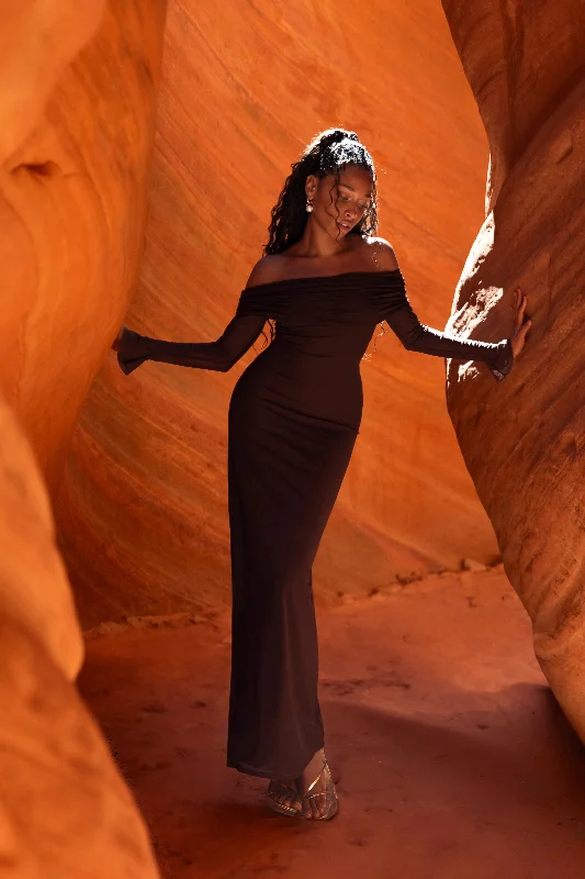 Sheer maxi dresses with lace overlays for a romantic touchJosie Off Shoulder Mesh Maxi Dress - Dark Brown Sheer maxi dresses with lace overlays for a romantic touchJosie Off Shoulder Mesh Maxi Dress - Dark Brown