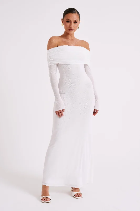 Maxi dresses with cold - shoulder cutouts for a trendy lookJosie Off Shoulder Mesh Maxi Dress - Ivory Maxi dresses with cold - shoulder cutouts for a trendy lookJosie Off Shoulder Mesh Maxi Dress - Ivory
