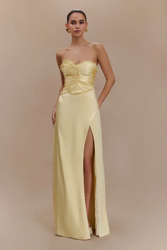 Maxi dresses with pocket details for added functionalityLarissa Satin Maxi Dress With Ruched Petals - Lemon Maxi dresses with pocket details for added functionalityLarissa Satin Maxi Dress With Ruched Petals - Lemon