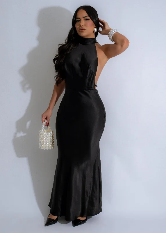 Luminous Drift Pearl Satin Maxi Dress Black