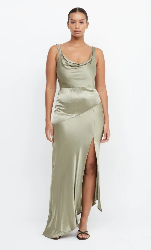 Satin maxi dresses with a high - low hem for a modern twistMOON DANCE COWL DRESS - SAGE Satin maxi dresses with a high - low hem for a modern twistMOON DANCE COWL DRESS - SAGE