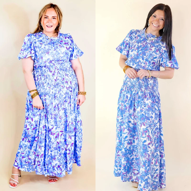 Leather maxi dresses for an edgy and bold appearanceMoonlit Bay Floral High Neck Maxi dress with Smocked Waistline in Blue Leather maxi dresses for an edgy and bold appearanceMoonlit Bay Floral High Neck Maxi dress with Smocked Waistline in Blue