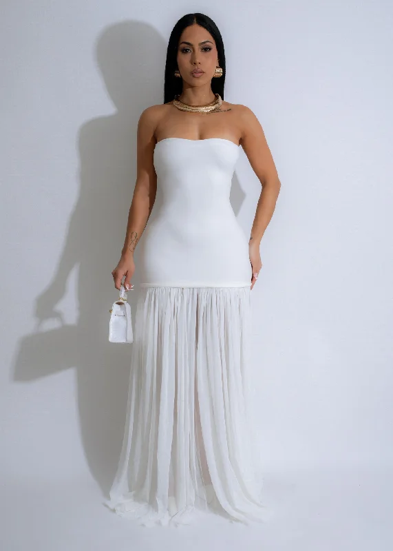 Moonlit Cascade Mesh Maxi Dress White