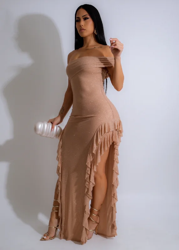 Maxi dresses with a wrap - around style for a customizable fitMoonlit Ruffle Maxi Dress Nude Maxi dresses with a wrap - around style for a customizable fitMoonlit Ruffle Maxi Dress Nude