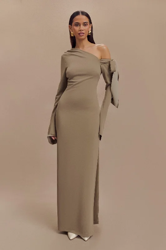 Maxi dresses with embroidered floral motifs for a unique designNicola One Shoulder Crepe Maxi Dress - Mushroom Maxi dresses with embroidered floral motifs for a unique designNicola One Shoulder Crepe Maxi Dress - Mushroom