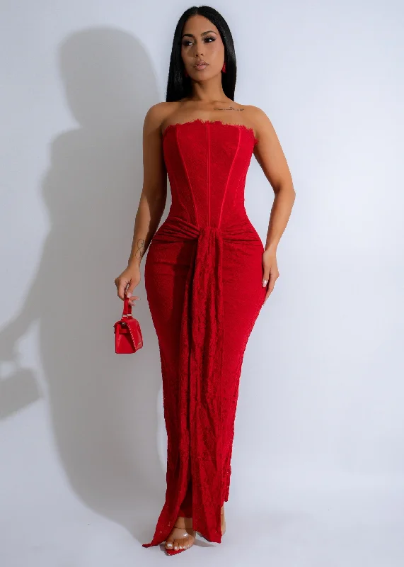Maxi dresses with a criss - cross back for a flirty and unique detailOnyx Muse Lace Maxi Dress Red Maxi dresses with a criss - cross back for a flirty and unique detailOnyx Muse Lace Maxi Dress Red