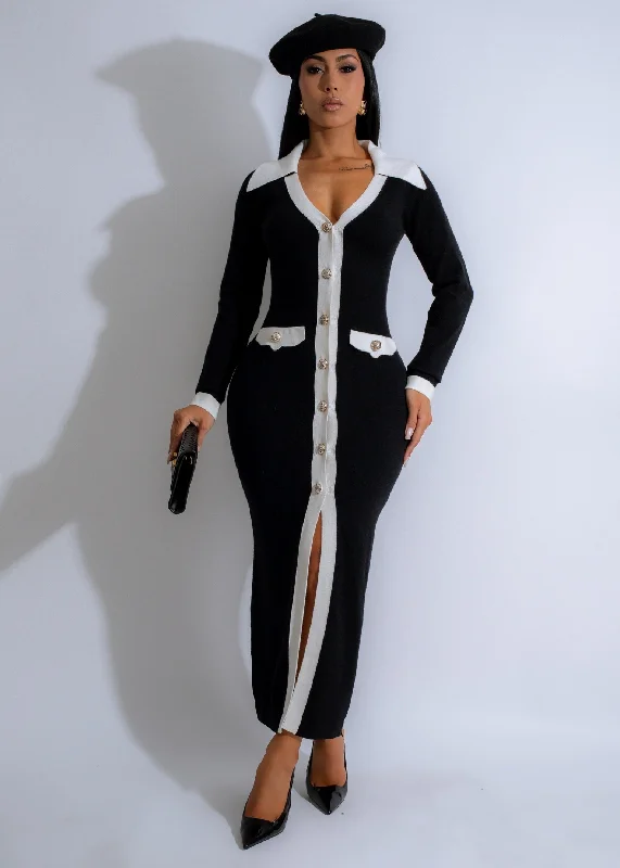 Ruffled maxi dresses with a tiered skirt for added volumeParisian Charm Knit Maxi Dress Black