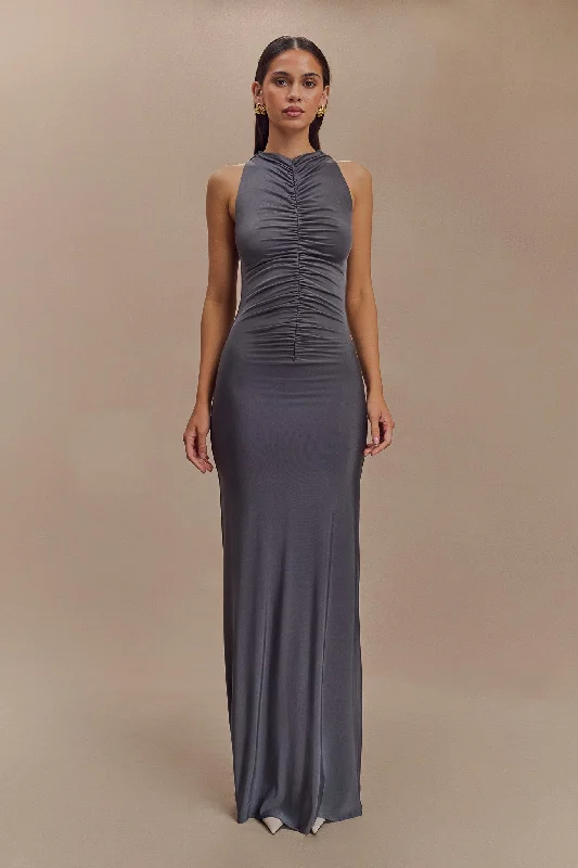 Polyester maxi dresses for easy - care and durabilityPriya Slinky Ruched Halter Maxi Dress - Dark Charcoal Polyester maxi dresses for easy - care and durabilityPriya Slinky Ruched Halter Maxi Dress - Dark Charcoal