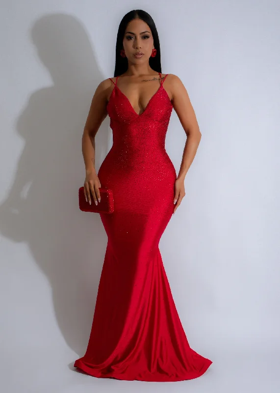 Red Carpet Spark Rhinestone Maxi Dress Red