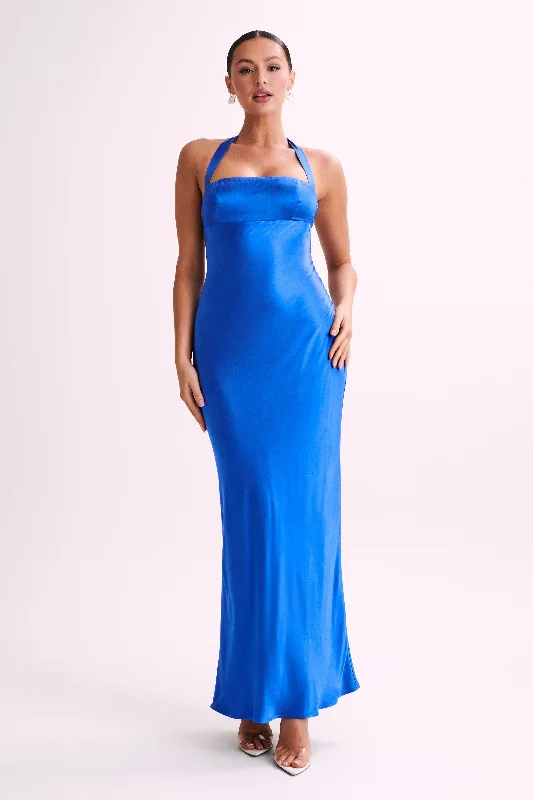 Printed maxi dresses with abstract patterns for an artistic lookSabra Satin Halter Maxi Dress - Periwinkle Printed maxi dresses with abstract patterns for an artistic lookSabra Satin Halter Maxi Dress - Periwinkle