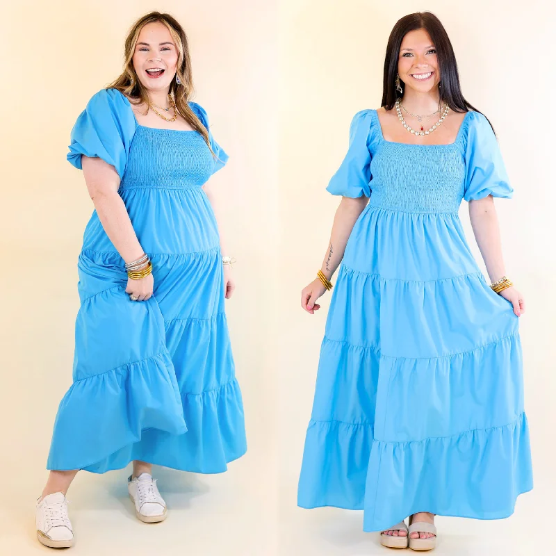 Maxi dresses with a criss - cross back for a flirty and unique detailSantorini Sunshine Short Balloon Sleeve Maxi Dress in Blue Maxi dresses with a criss - cross back for a flirty and unique detailSantorini Sunshine Short Balloon Sleeve Maxi Dress in Blue