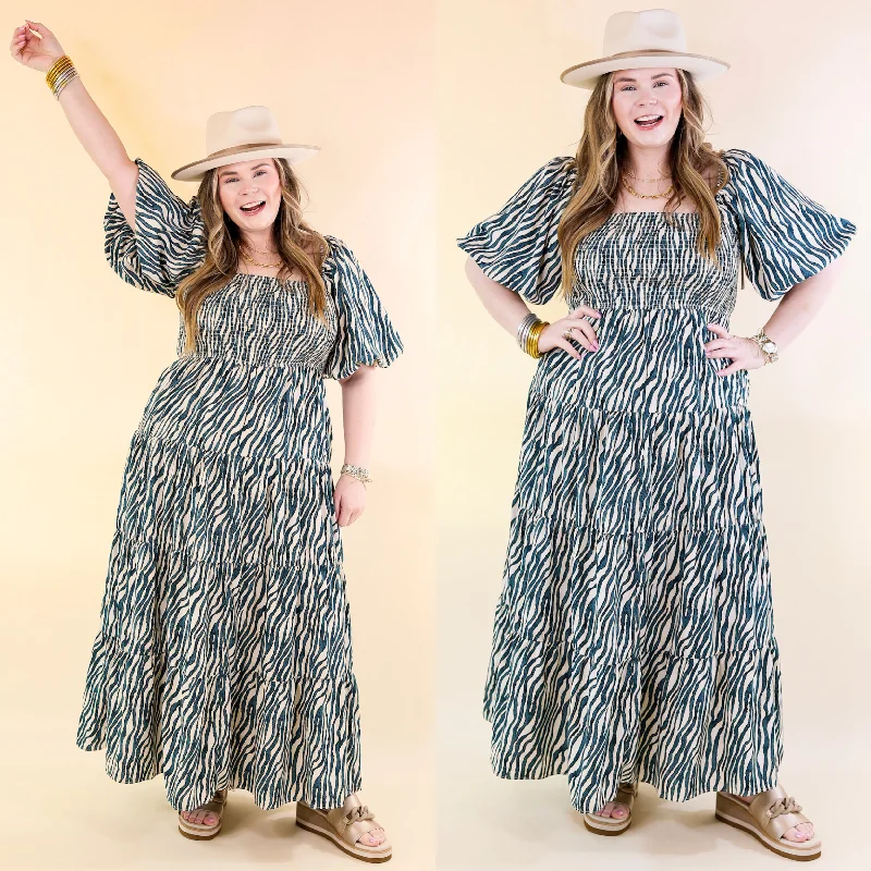 Maxi dresses with balloon sleeves for a vintage - inspired styleSantorini Sunshine Short Balloon Sleeve Zebra Print Maxi Dress in Teal Blue Maxi dresses with balloon sleeves for a vintage - inspired styleSantorini Sunshine Short Balloon Sleeve Zebra Print Maxi Dress in Teal Blue