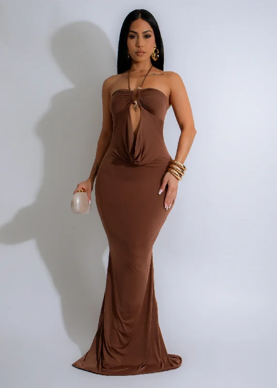 Maxi dresses with a wrap - around style for a customizable fitSiren’s Embrace Maxi Dress Brown Maxi dresses with a wrap - around style for a customizable fitSiren’s Embrace Maxi Dress Brown