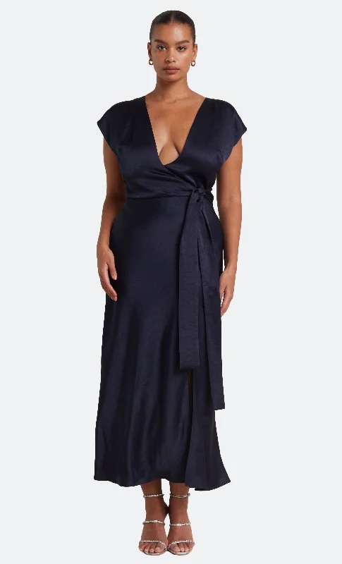 Sheer maxi dresses with lace overlays for a romantic touchTHE DREAMER WRAP DRESS - INK Sheer maxi dresses with lace overlays for a romantic touchTHE DREAMER WRAP DRESS - INK