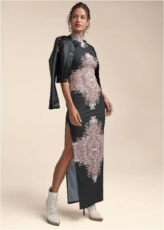 Maxi dresses with geometric prints for a contemporary aestheticPrinted Mock-Neck Dress - Black Multi Maxi dresses with geometric prints for a contemporary aestheticPrinted Mock-Neck Dress - Black Multi